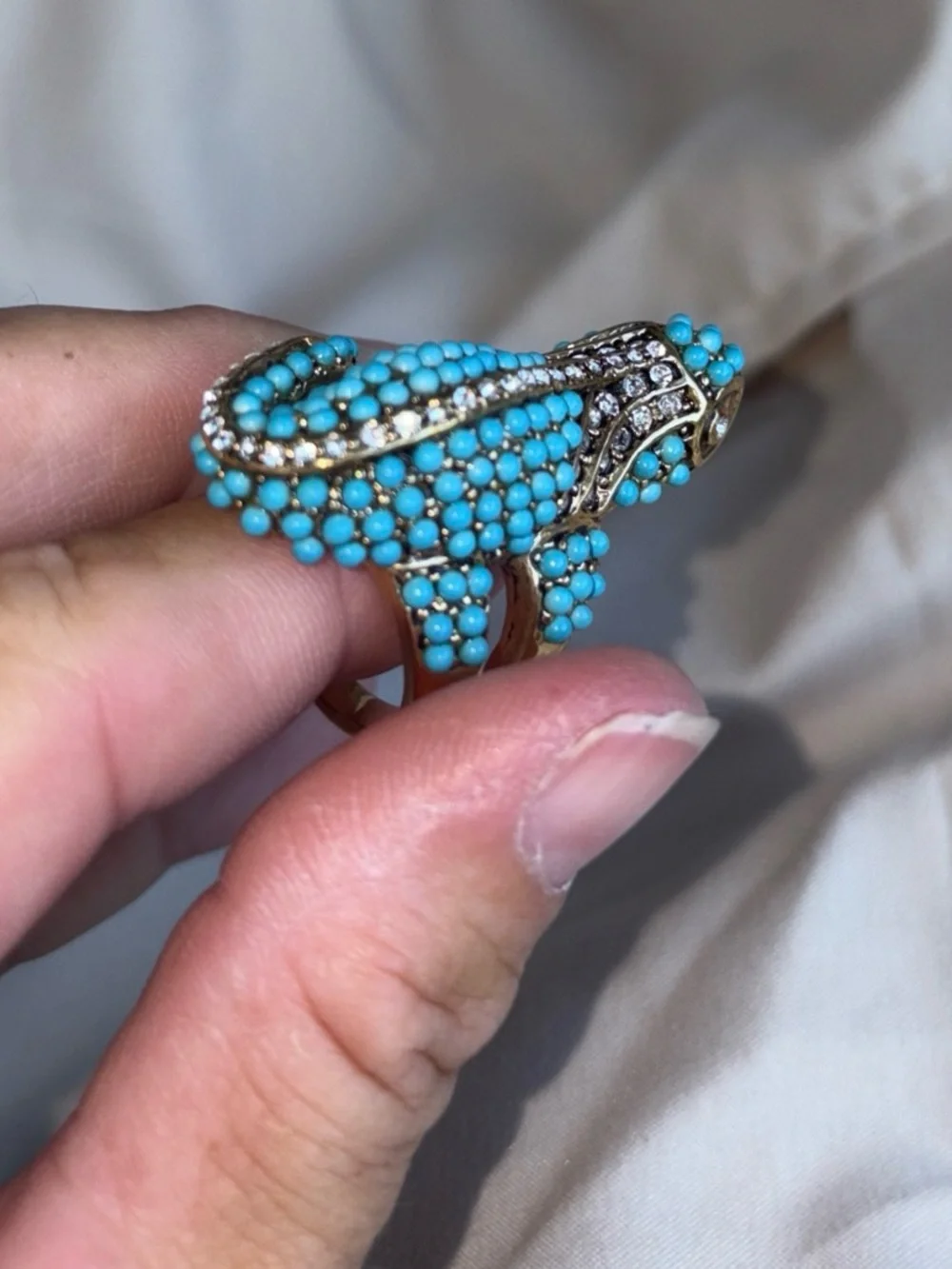 Kenneth Lane RETIRED Turquoise Crystal Lizard cocktail Ring - Blue Gold-Tone